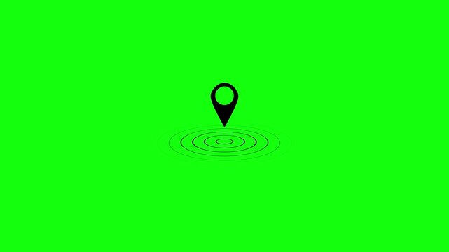 A simple graphic displays a black location pin icon centered on a bright green background with ripple effects high quality professional