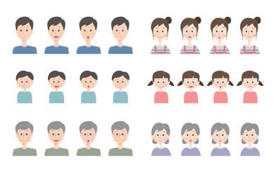 三世代の家族の表情のイラストセット
