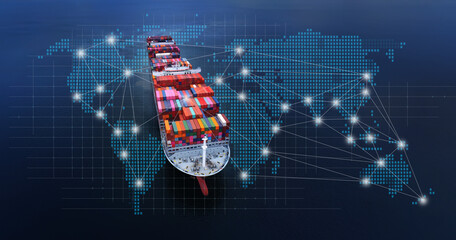 Aerial top view containers ship cargo business commercial logistic and transportation international import export by container freight cargo ship in the open seaport show ocean network on map.