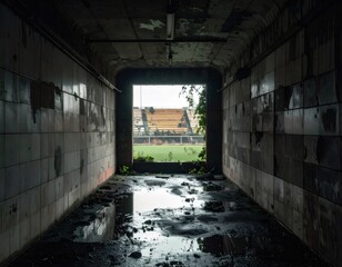 Obraz premium Abandoned stadium tunnel leading to overgrown soccer field