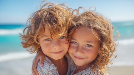 Smiling caucasian children hugging on sunny beach day.