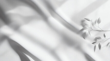 Minimalist White Silk Fabric Background with Elegant Soft Folds and Delicate White Branch with Leaves and Subtle Window Shadows for Beauty Spa and Wellness Product Mockup