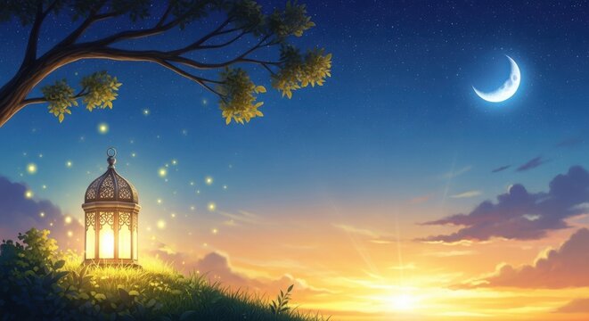 Ramadan background with crescent moon lantern and sunset