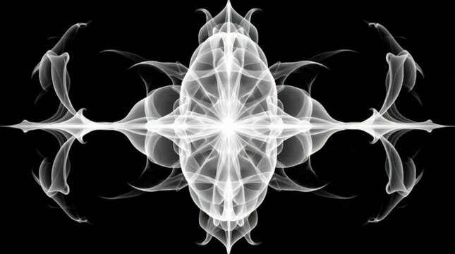 Intricate white design on black background with abstract symmetrical patterns and shapes creating a visually appealing image