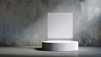Minimalist product display scene featuring a white circular concrete podium with a frosted glass square plate against a weathered industrial concrete wall background for modern mockups
