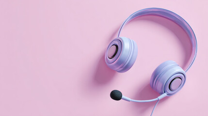 Overhead communication headset with microphone rendered in soft lavender purple color against a solid pastel pink background