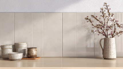 Modern interior design of a kitchen featuring a light wood counter, beige wall tiles, ceramic kitchenware, and a bouquet of white flowers in a vase with natural shadows.