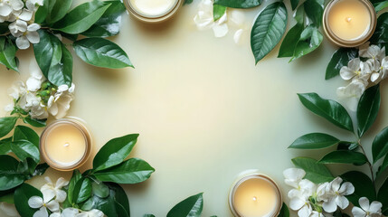 Aesthetic spa wellness background with scented candles, fresh jasmine flowers and green leaves on light surface. Top view flat lay frame for aromatherapy, relaxation and zen concept.