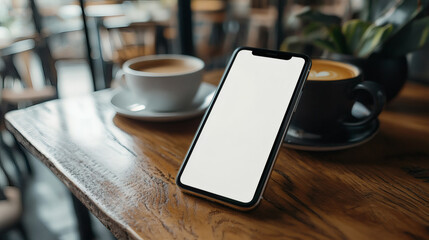 Blank screen smartphone mockup leaning on a rustic wooden table next to cups of coffee in a cafe setting