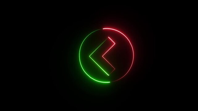 A vibrant glowing neon circle features a left pointing chevron split between red and green illumination on a black background high quality professional
