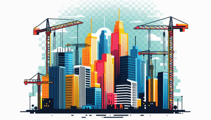 Obraz premium Colorful Cityscape with Construction Cranes Illustration.