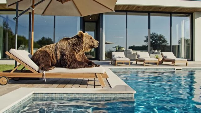 High detail cinematic video of a bear lounging casually by a luxury pool lying on a wooden sun bed under a patio umbrella bright daylight warm natural light modern house architecture in background rea