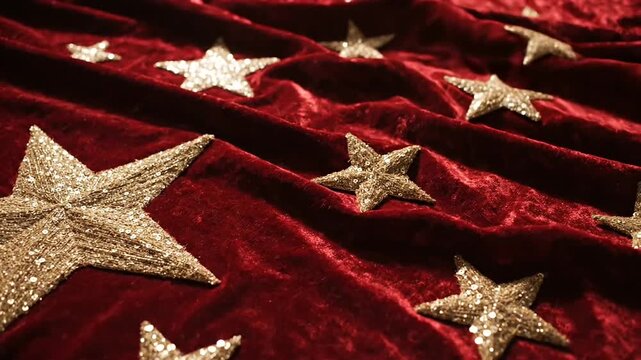 Luxurious Red Velvet Fabric with Gold Stars.