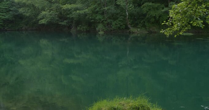 Crystal clear emerald water of the Una River flowing through dense green forest in Bosnia and Herzegovina. Scenic Balkan landscape with calm turquoise surface and tree reflections, pristine freshwater
