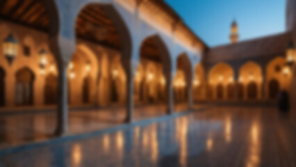 Obraz premium Blur background of historic stone mosque courtyard filled with hanging Ramadan lanterns casting patterned shadows on mosaic tiles, arched colonnades with detailed textures, old city buildings.