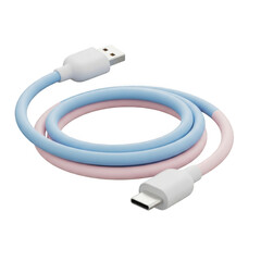 USB charging cable coiled pink and blue isolated on transparent background