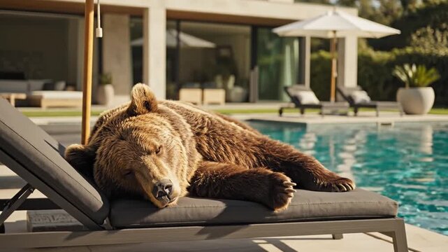 Cinematic wide composition of a relaxed bear enjoying a poolside sun lounger calm content behavior patio umbrella nearby light breeze movement modern luxury home background clear blue water reflection