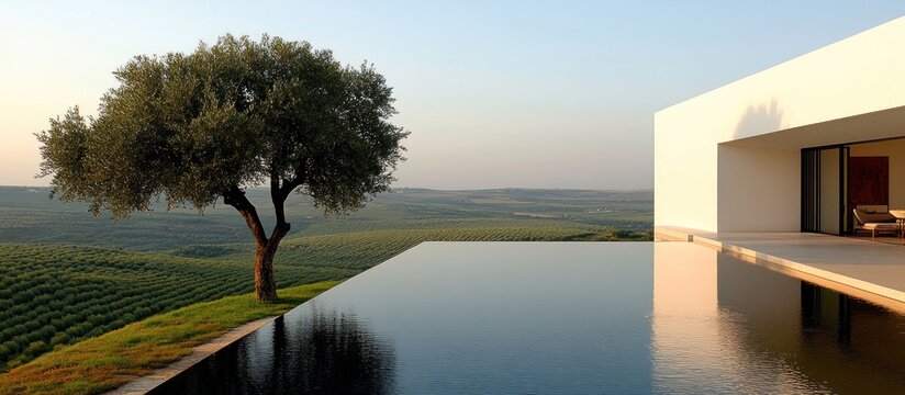 Hilltop villa infinity pool, olive tree, sunset