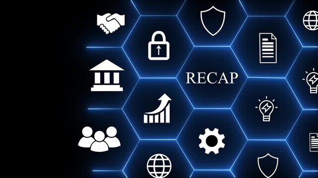 Neon 2025 Recap economy, business, financial concept. Businessman touching on RECAP text on virtual. Recap business, past performance for strategic planning, business improvement and development