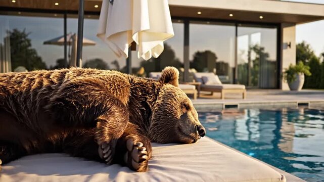 High realism cinematic scene showing a bear resting comfortably on a poolside sun bed relaxed summer mood patio umbrella swaying in breeze modern luxury villa with glass windows background warm natura