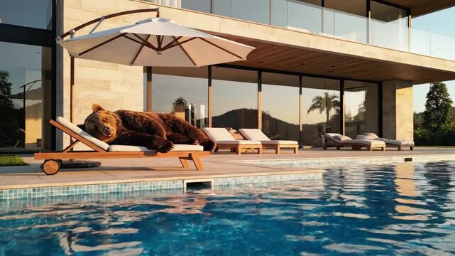 Cinematic poolside video of a laid back bear sunbathing on a wooden lounger calm peaceful mood large umbrella providing shade modern luxury house backdrop clear pool water light ripples warm daylight 