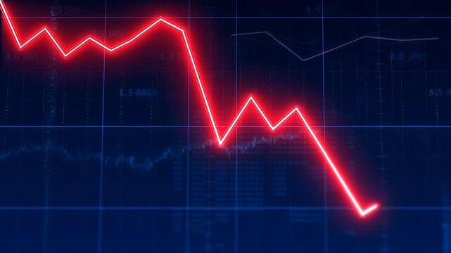A video showcasing a declining trend in a graph with a red neon line on a dark blue background