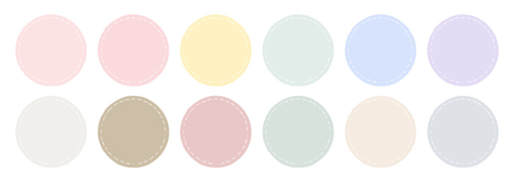 Soft plush kawaii color palette featuring 12 muted circular swatches. Gentle pastel pinks, creams, and hazy blues with dashed borders for nursery decor, cozy branding, and digital planners.