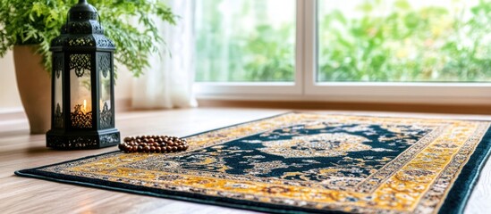 Fototapeta premium Prayer rug near window with lantern and beads
