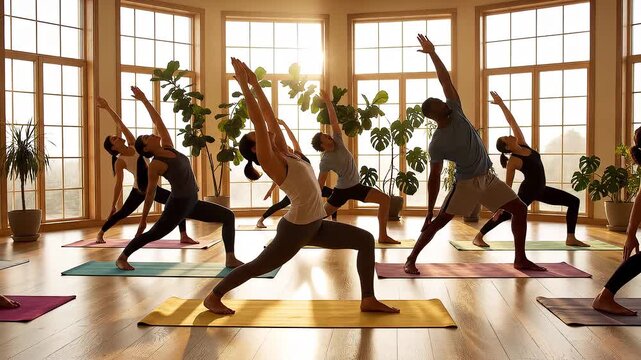 A group of people practicing yoga in a serene studio with large windows and plants