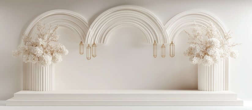 Elegant white pedestal display with arches and flowers