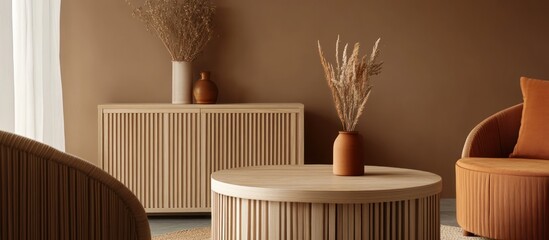 Obraz premium Beige living room with wooden furniture and terracotta accents