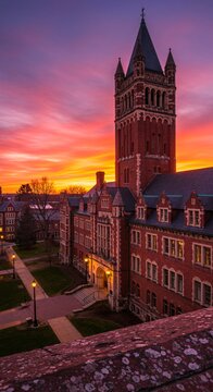 Dramatic Sunset Over Historic Buildings at Yale University Campus New Haven Connecticut