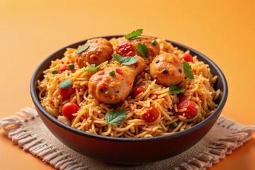 Chicken Biryani in a Black Bowl on Vibrant Orange Background