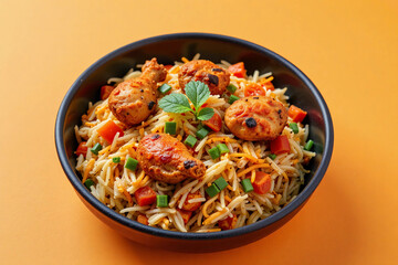 Chicken Biryani in a Black Bowl on Vibrant Orange Background