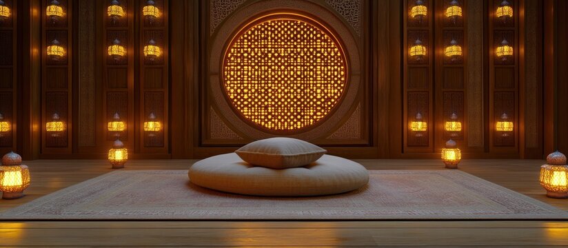 Ornate meditation room with lanterns and zafu