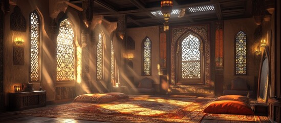 Sunlit Arabian palace interior, ornate windows