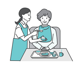 高齢者の食事介助をする介護士のイラストベクター素材