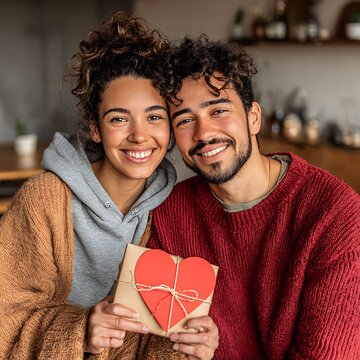 A smiling couple holding a gift with a heart on it in a cozy indoor setting.