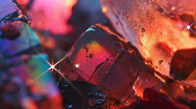 Macro view of vibrant crystals on textured background with colorful reflections and refractions