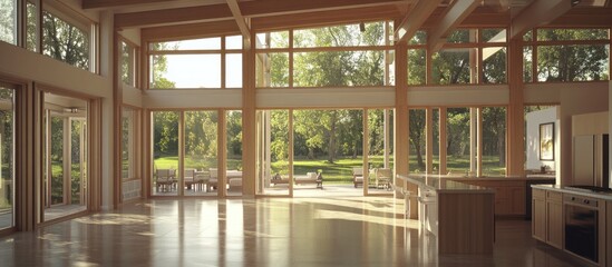 Modern open concept home interior with large windows overlooking a lush landscape