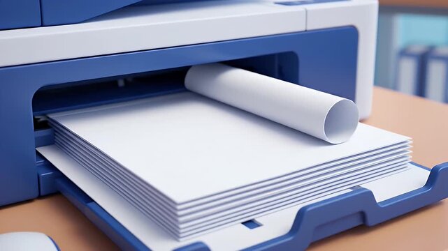 Blank paper outputting from blue and white office printer