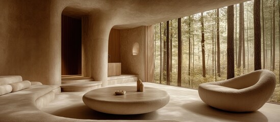 Earthy Modern Interior with Forest View