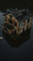 Obraz premium Abandoned Derelict House Submerged in Dark Water Moody Atmospheric Decay Photography