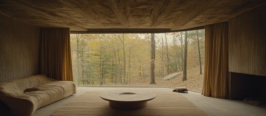 Modern wood home interior with forest view
