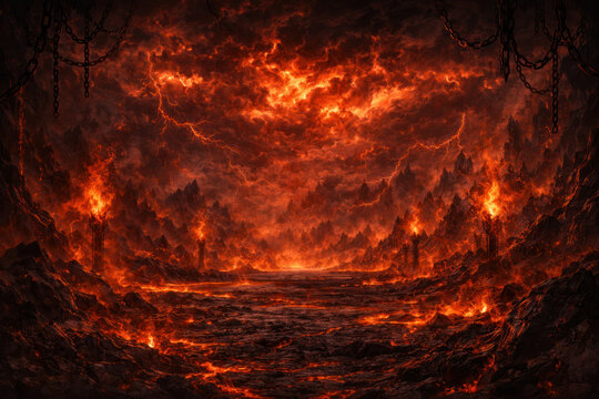 A dark fantasy landscape depicting a fiery hellish world with molten lava, flaming rocks, and a stormy sky riven by lightning.  