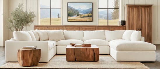 Modern Farmhouse Sectional Sofa with Rustic Coffee Table in Living Room