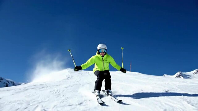 Skier jumping off snowy slope under clear blue sky dynamic outdoor winter scene