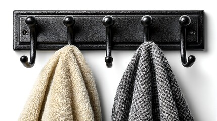Black Coat Rack with Two Towels Hanging on White Background Keywords: coat rack, hooks, black