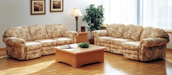 Living room furniture set with floral pattern sofas and coffee table