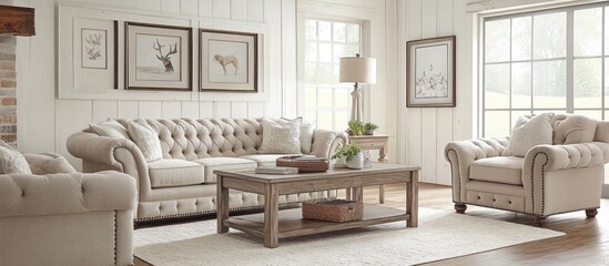 Light beige tufted sofa and armchair in a living room with a light brown coffee table